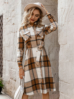 Robe de Chemisier Imprimé Carreaux Mi-longue à Col Revers avec Manches Longues Coupe Cintrée à Lacets Tricolores Robe Femme