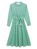 Robe de Chemisier Mi-longue à Col Revers avec Manches Longues Coupe Cintrée à Lacets Bas Evasée Bicolores Robe Longue