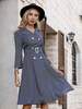Robe de Chemisier Mi-longue à Col Revers avec Manches Longues Coupe Cintrée à Lacets Bas Evasée Unicolore Robe Femme