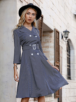 Robe de Chemisier Mi-longue à Col Revers avec Manches Longues Coupe Cintrée à Lacets Bas Evasée Unicolore Robe Femme