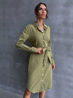 Robe de Chemisier Mi-longue Femme à Col Revers avec Manches Longues Coupe Cintrée à Lacets Bicolores Robe Femme