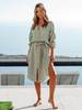 Robe de Chemisier Mi-longue Femme à Col Revers avec Manches Longues Coupe Cintrée à Lacets Unicolore