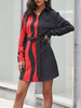 Robe de Chemisier Tunique Courte Femme à Col Revers avec Manches Longues Coupe Cintrée à Lacets Bicolores Robe Femme
