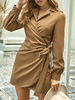 Robe de Chemisier Tunique Courte Femme à Col Revers avec Manches Longues Coupe Cintrée à Lacets Unicolore Robe Femme