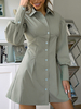 Robe de Chemisier Tunique Courte Femme à Col Revers avec Manches Longues Coupe Cintrée Unicolore Robe Femme