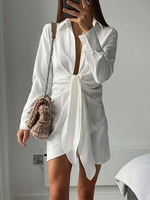 Robe de Chemisier Tunique Femme à Col Revers à Lacets avec Manches Longues Coupe Cintrée Unicolore Robe Sexy