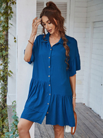 Robe de Chemisier Tunique Femme à Col Revers avec Manches Courtes Bas Evasée avec Boutons