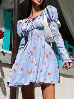 Robe de Chemisier Tunique Imprimé Courte avec Manches Longues Amples Coupe Cintrée Bas Evasée