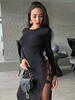 Robe de Club à Col Rond avec Manches Longues Coupe Cintrée avec Fente à Lacets Unicolore Robe Sexy