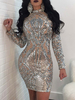 Robe de club argentée femmes paillettes col bijou manches longues robes courtes sexy