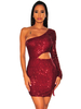 Robe de club bordeaux pour femmes une épaule paillettes sexy manches longues Polyester imprimé moulante robe sexy