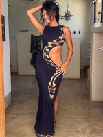 Robe De Club Col Rond Sexy Sans Manches Moulante Découpé Fente Haute Robe Noire