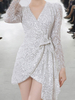 Robe de Club Courte en Paillette Femme à Col V avec Manches Longues Coupe Cintrée Unicolore Robe Sexy