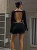 Robe de Club Courte Femme à Col Carré avec Manches Longues Coupe Cintrée à Chaîne Unicolore Robe Sexy