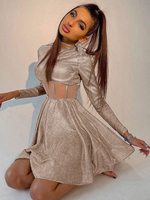 Robe de Club Courte Femme en Paillette à Col Montant avec Manches Longues Coupe Cintrée Creusante Bas Evasée Unicolore Robe Sexy