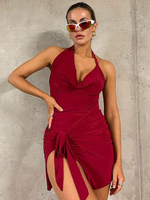 Robe de Club Courte Moulante Femme avec Bretelles à Col Décolleté en V Coupe Cintrée avec Fente à Lacets Unicolore Robe Sexy