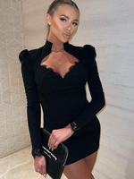 Robe de Club Courte Moulante Femme avec Manches Longues à Col Décolleté Coupe Cintrée Unicolore Robe Sexy