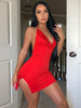 Robe de Club Courte Sexy en Mousselines avec Bretelles à Col Décolleté en V Coupe Cintrée avec Fente Unicolore Robe de Club Sexy