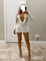 Robe de Club Courte Sexy Moulante en Plis à Capuche à Col Décolleté en V avec Manches Longues Coupe Cintrée Unicolore Robe Sexy