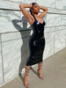 Robe de Club des femmes sangles noires cou sexy fendue sur le devant manches en polyester sans dossier