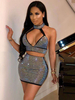 Robe de Club en Paillette Femme à Col Montant à Col Décolleté en V Taille Haute Bicolores Robe de Club Sexy