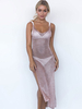 Robe de Club en Paillette Longue Transparente Femme avec Bretelles à Col Décolleté en V Coupe Cintrée avec Fente Unicolore Robe Sexy