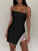 Robe de Club Femme Courte Sexy avec Bretelles à Col Carré Coupe Cintrée avec Franges Unicolore Robe Sexy