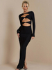 Robe de Club femmes col bijou Sexy manches longues découpées Polyester noir