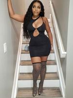Robe de Club Halter Sexy Plissée Sans Manches Polyester Dos Nu Noir Sexy Robe Midi
