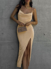 Robe de Club Longue Femme avec Bretelles à Col Décolleté Coupe Cintrée avec Fente Unicolore Robe Sexy