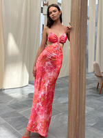 Robe de Club Longue Femme Imprimé avec Bretelles à Col Décolleté à Lacets Coupe Cintrée