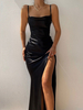Robe de Club Longue Moulante Femme avec Bretelles à Col Carré Coupe Cintrée avec Fente Unicolore Robe Sexy