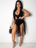 Robe de club noire à col en V à franges sans manches en polyester superposé dété Maxi robe sexy