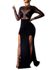 Robe de club noire col bijou haut fendu devant manches longues maille robe sexy en polyester semi-transparent