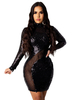 Robe de club noire pour femmes col bijou sexy paillettes manches longues polyester robe moulante sexy