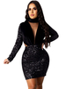 Robe de club noire pour femmes col haut paillettes sexy manches longues robe moulante sexy en velours