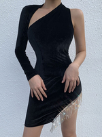 Robe de club noire pour femmes Robe asymétrique en polyester à franges sexy