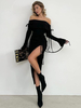 Robe de club pour femme col bateau chic lacets manches longues polyester asymétrique noire sexy