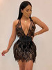 Robe de club pour femme Robe sexy en polyester sans manches à franges à encolure en V noire