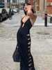 Robe de Club pour femmes bretelles col Chic sans manches en Polyester noire Sexy