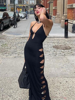 Robe de Club pour femmes bretelles col Chic sans manches en Polyester noire Sexy