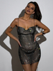 Robe de Club pour femmes bretelles noires col en strass sans manches robe Sexy