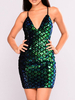 Robe de club pour femmes bretelles vertes cou découpé sans manches paillettes dos nu robe sexy sirène