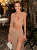Robe de Club pour femmes col bijou Sexy découpée sans manches en Polyester abricot robe Sexy