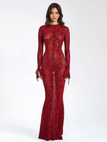 Robe de club pour femmes col bijou sexy manches longues polyester robe sexy rouge