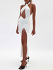 Robe de club sexy blanche licou sans manches dos nu plissé fente longue robe