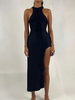 Robe de Club Sexy Longue Femme à Col Rond avec Bretelles avec Epaule Dénudée Coupe Cintrée avec Fente Unicolore Robe Eté Sexy