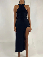 Robe de Club Sexy Longue Femme à Col Rond avec Bretelles avec Epaule Dénudée Coupe Cintrée avec Fente Unicolore Robe Eté Sexy