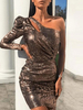 Robe de club une épaule rétro manches longues polyester couches robe sexy marron café