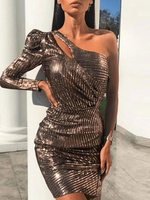 Robe de club une épaule rétro manches longues polyester couches robe sexy marron café